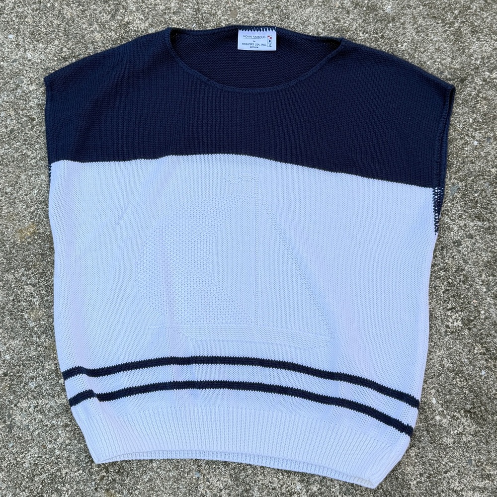 Navy Blue and White Striped Nautical Sleeveless Knit Sweater Top size M